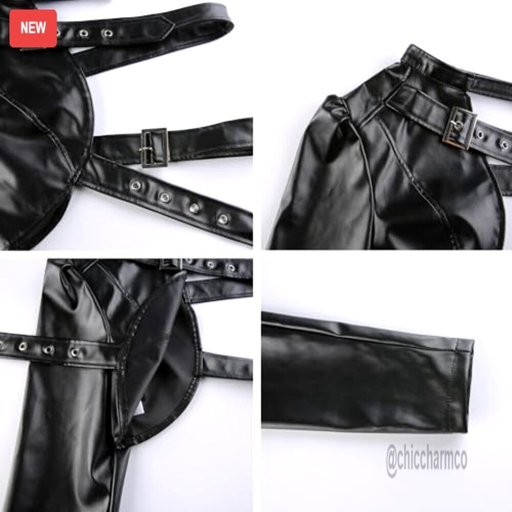 One Shoulder Motorcycle Leather Jacket Halter Buckle Chic Nightout Party Tops - Picture 6 of 6